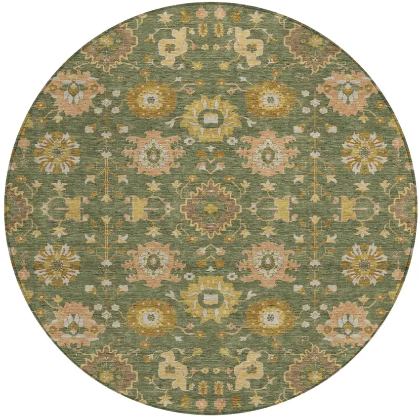 8' Olive Green And Green Round Geometric Washable Indoor Outdoor Area Rug Photo 1