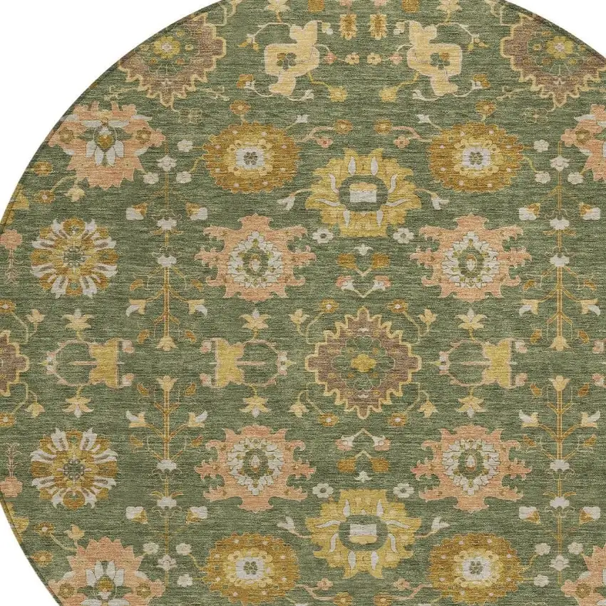 8' Olive Green And Green Round Geometric Washable Indoor Outdoor Area Rug Photo 2