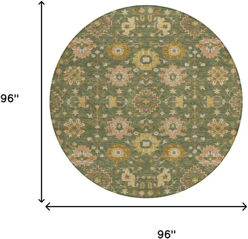 8' Olive Green And Green Round Geometric Washable Indoor Outdoor Area Rug Photo 6