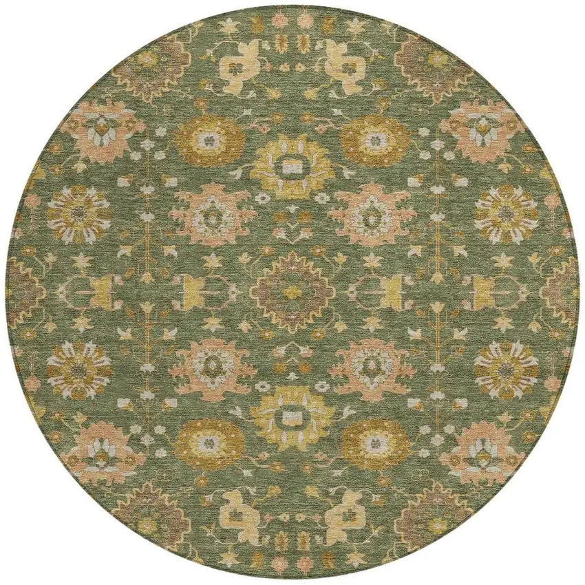 8' Olive Green And Green Round Geometric Washable Indoor Outdoor Area Rug Photo 3