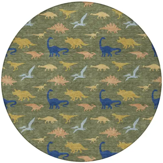 8' Olive Green And Green Round Geometric Washable Indoor Outdoor Area Rug Photo 3