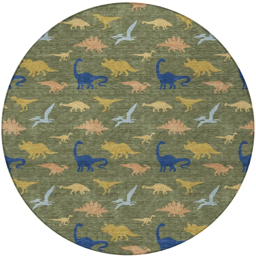 8' Olive Green And Green Round Geometric Washable Indoor Outdoor Area Rug Photo 3