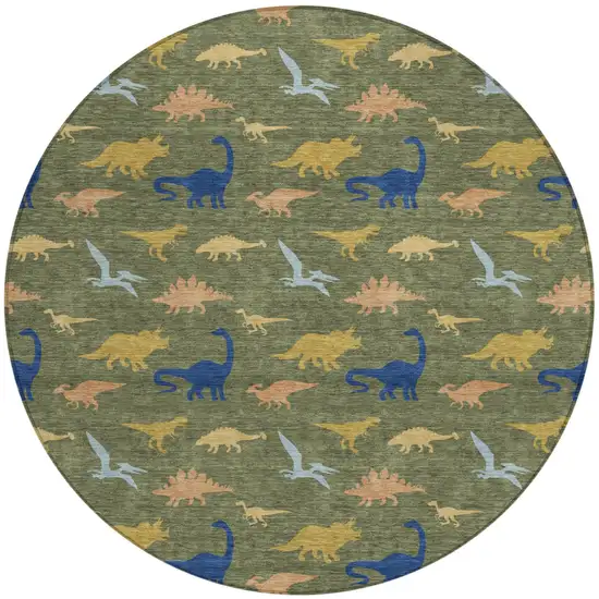 8' Olive Green And Green Round Geometric Washable Indoor Outdoor Area Rug Photo 1