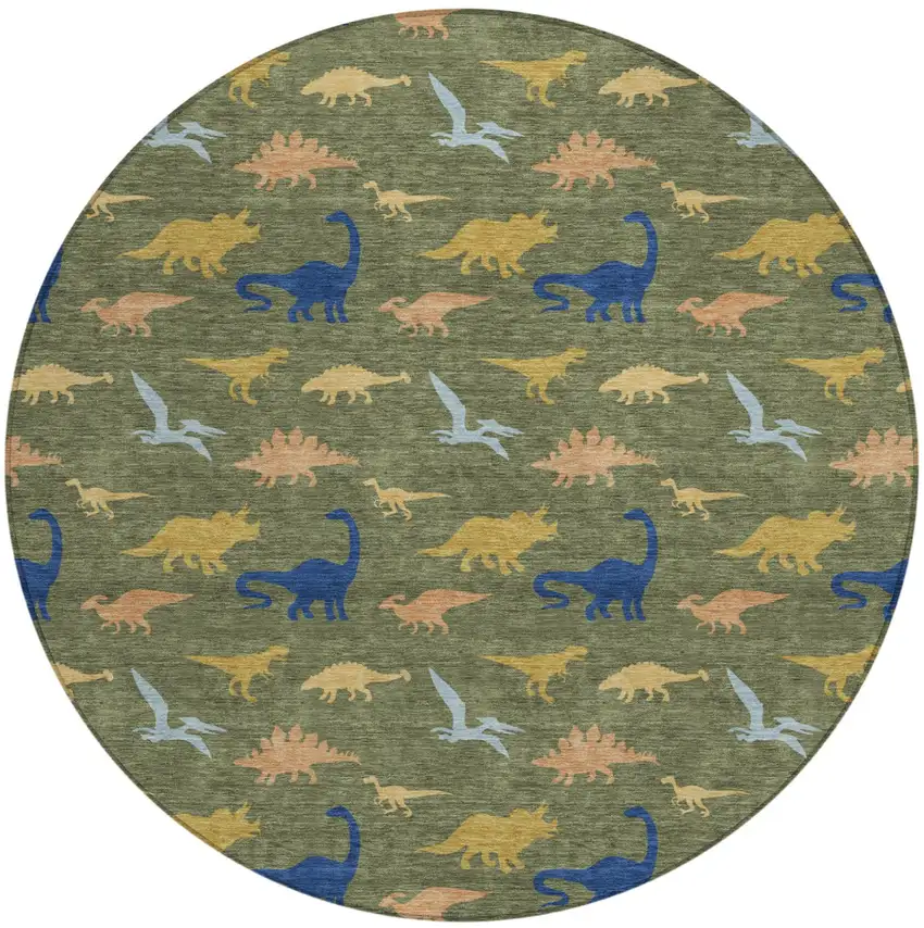 8' Olive Green And Green Round Geometric Washable Indoor Outdoor Area Rug Photo 1