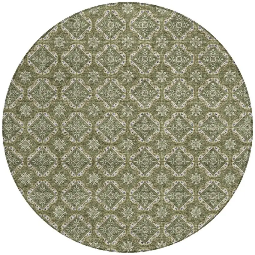 8' Olive Green And Green Round Geometric Washable Indoor Outdoor Area Rug Photo 3
