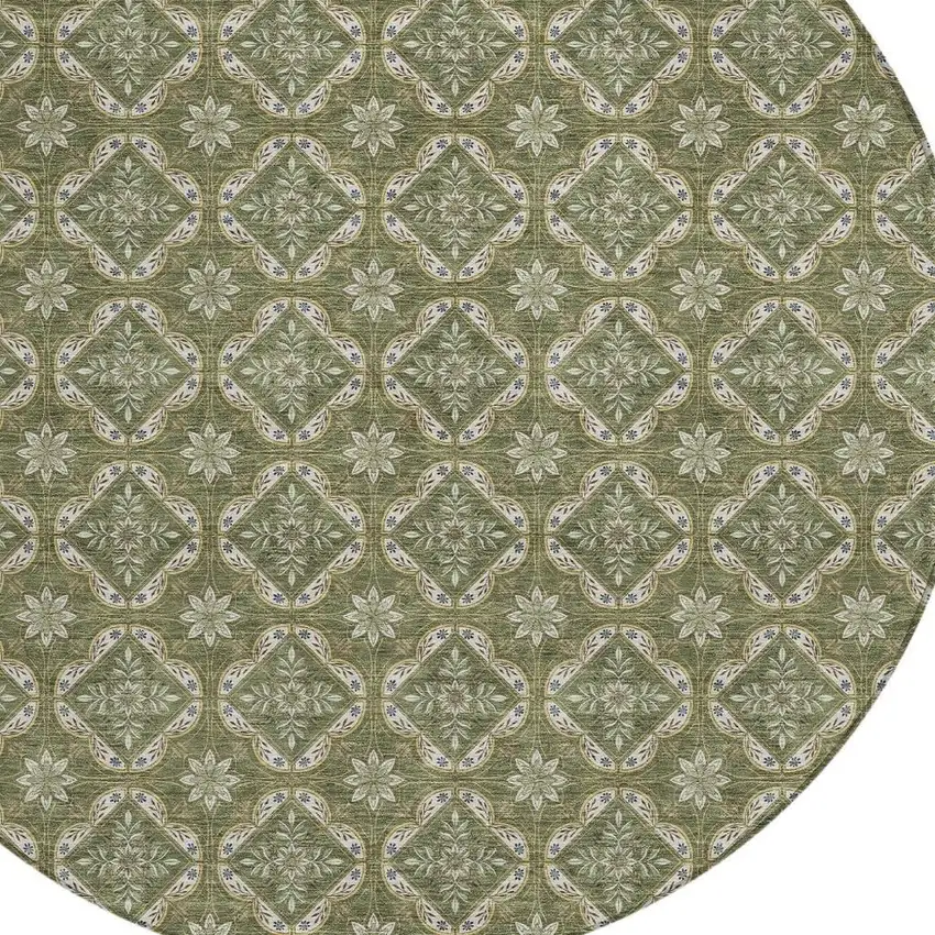 8' Olive Green And Green Round Geometric Washable Indoor Outdoor Area Rug Photo 2