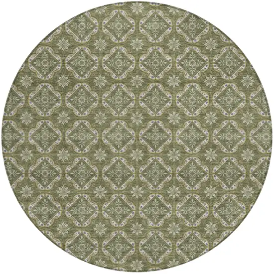 8' Olive Green And Green Round Geometric Washable Indoor Outdoor Area Rug Photo 1