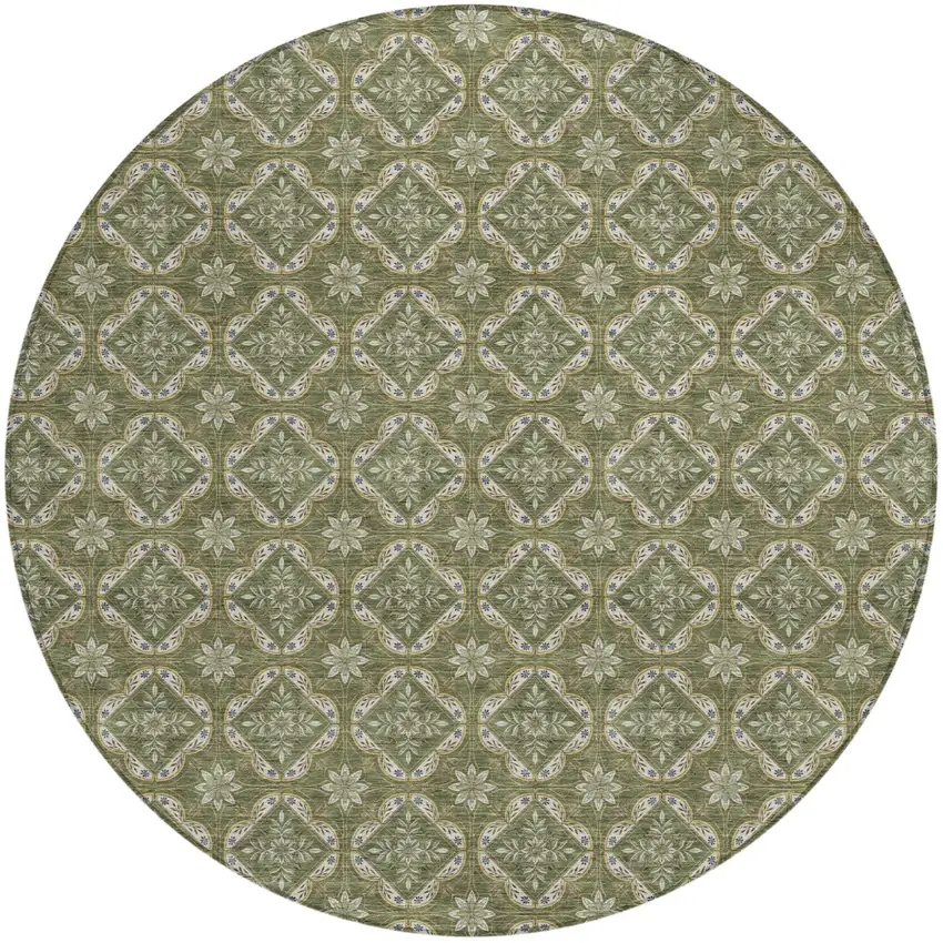 8' Olive Green And Green Round Geometric Washable Indoor Outdoor Area Rug Photo 1