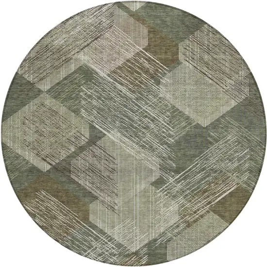 8' Olive Green And Green Round Geometric Washable Indoor Outdoor Area Rug Photo 1