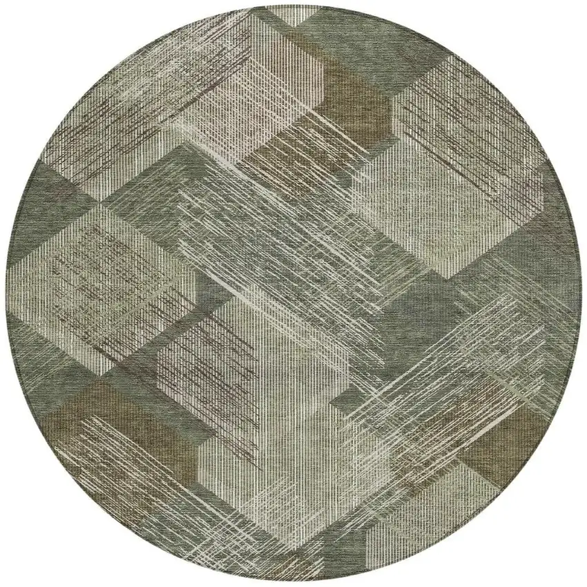 8' Olive Green And Green Round Geometric Washable Indoor Outdoor Area Rug Photo 3