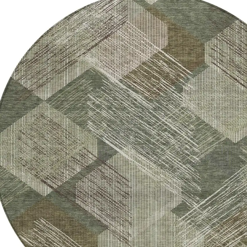 8' Olive Green And Green Round Geometric Washable Indoor Outdoor Area Rug Photo 2