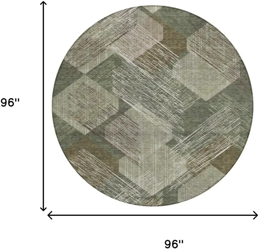 8' Olive Green And Green Round Geometric Washable Indoor Outdoor Area Rug Photo 6