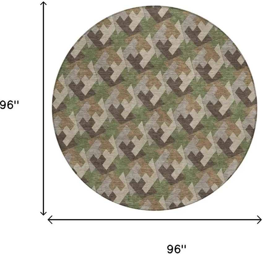 8' Olive Green And Green Round Geometric Washable Indoor Outdoor Area Rug Photo 5