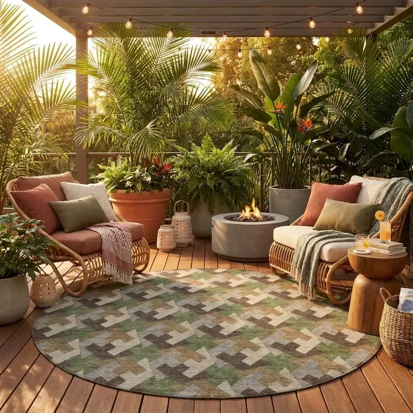 8' Olive Green And Green Round Geometric Washable Indoor Outdoor Area Rug Photo 1