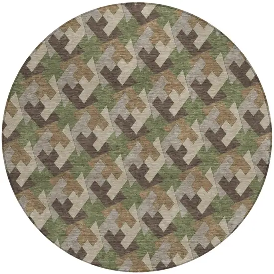 8' Olive Green And Green Round Geometric Washable Indoor Outdoor Area Rug Photo 2