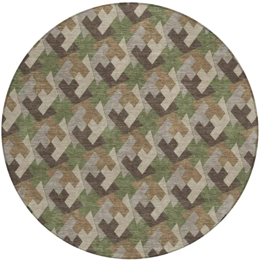 8' Olive Green And Green Round Geometric Washable Indoor Outdoor Area Rug Photo 2