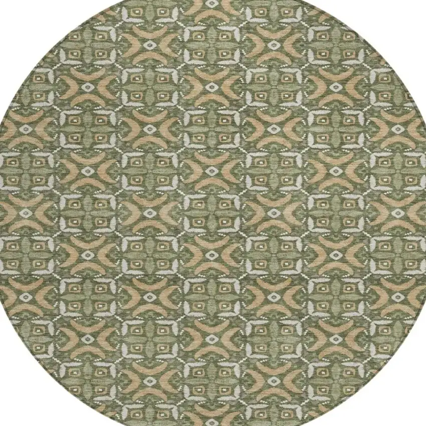 8' Olive Green And Green Round Geometric Washable Indoor Outdoor Area Rug Photo 3