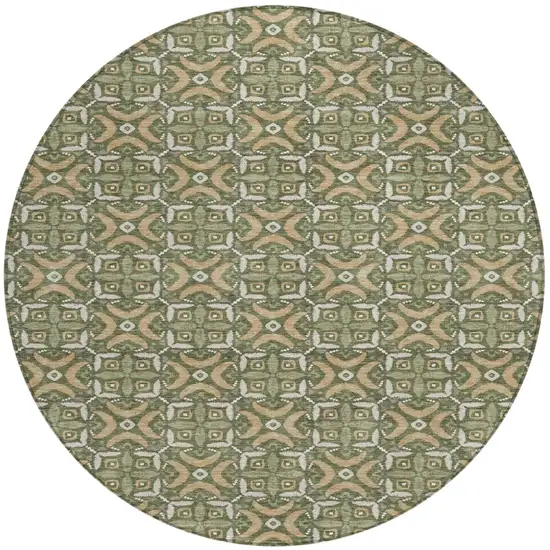 8' Olive Green And Green Round Geometric Washable Indoor Outdoor Area Rug Photo 1