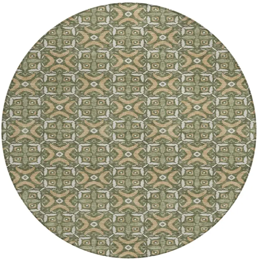 8' Olive Green And Green Round Geometric Washable Indoor Outdoor Area Rug Photo 1