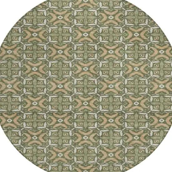 8' Olive Green And Green Round Geometric Washable Indoor Outdoor Area Rug Photo 2