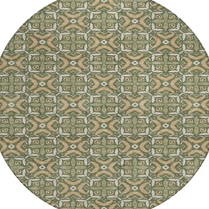8' Olive Green And Green Round Geometric Washable Indoor Outdoor Area Rug Photo 2