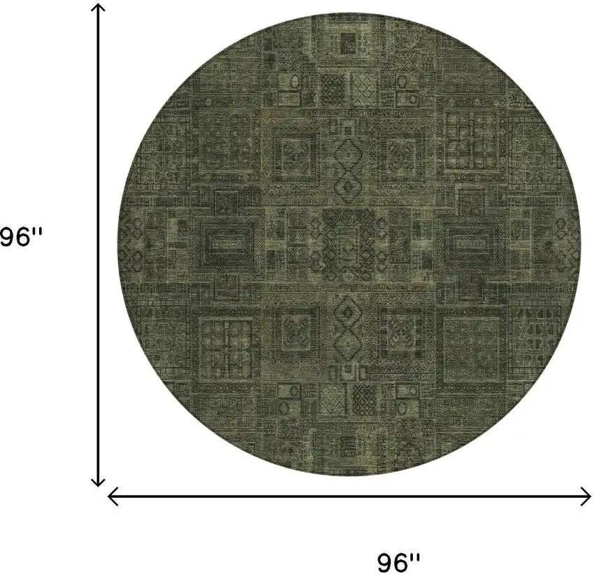 8' Olive Green And Green Round Oriental Washable Indoor Outdoor Area Rug Photo 5