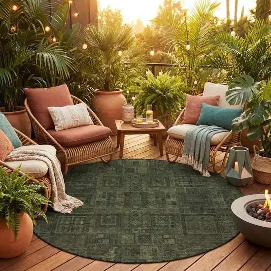 8' Olive Green And Green Round Oriental Washable Indoor Outdoor Area Rug Photo 1