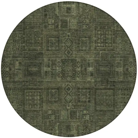 8' Olive Green And Green Round Oriental Washable Indoor Outdoor Area Rug Photo 2