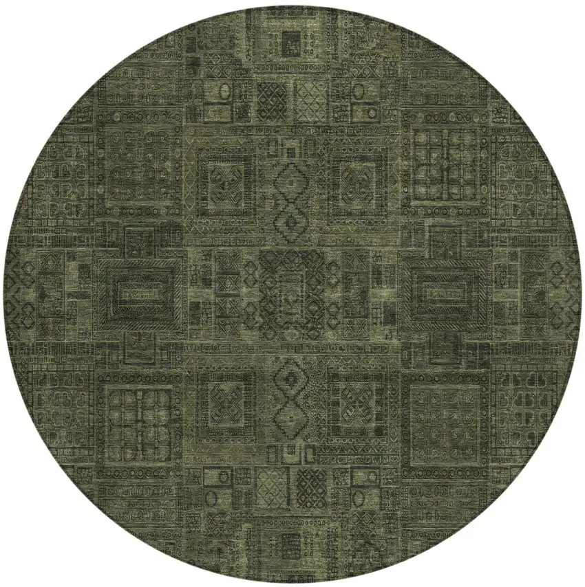 8' Olive Green And Green Round Oriental Washable Indoor Outdoor Area Rug Photo 2