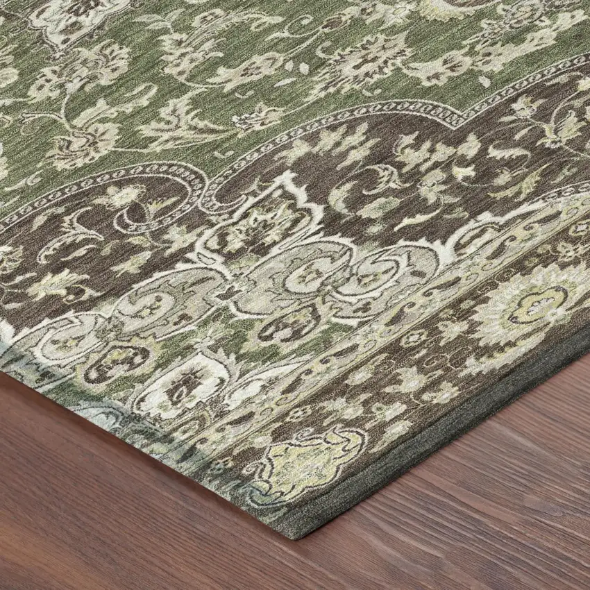 8' Olive Green And Green Round Oriental Washable Indoor Outdoor Area Rug Photo 3