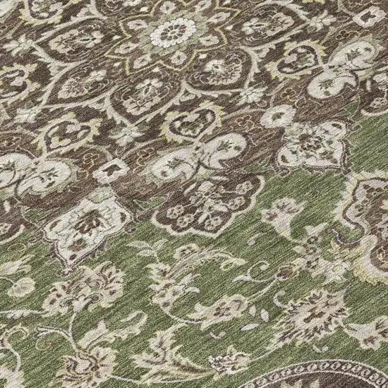 8' Olive Green And Green Round Oriental Washable Indoor Outdoor Area Rug Photo 4