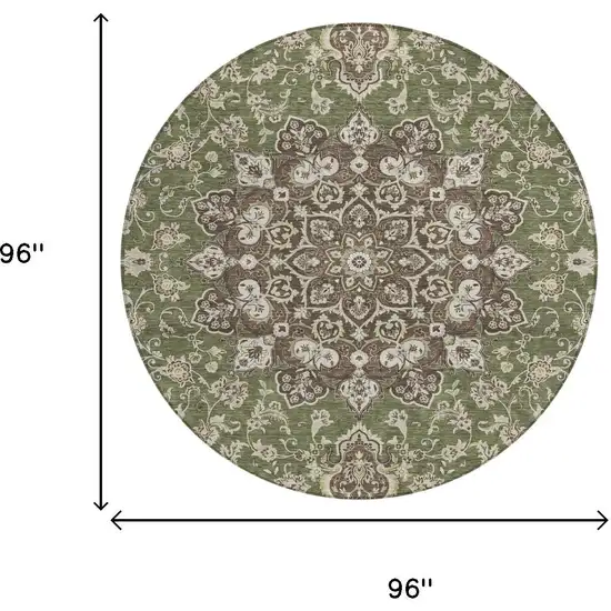 8' Olive Green And Green Round Oriental Washable Indoor Outdoor Area Rug Photo 5