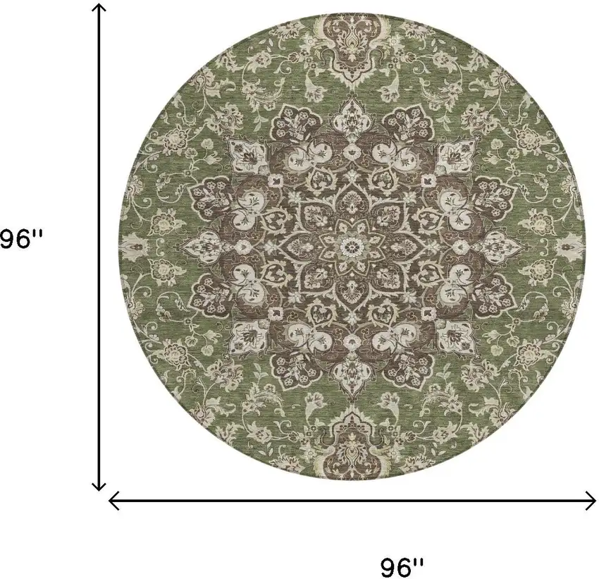 8' Olive Green And Green Round Oriental Washable Indoor Outdoor Area Rug Photo 5