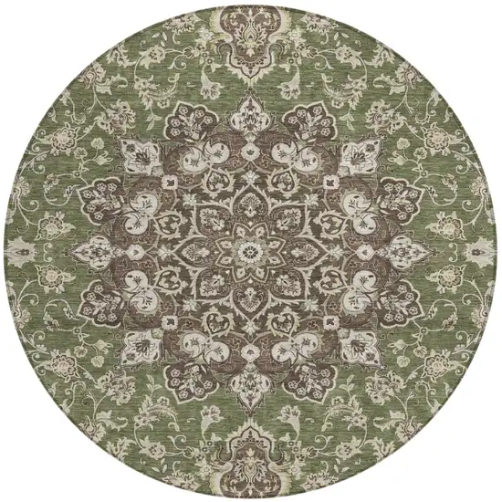 8' Olive Green And Green Round Oriental Washable Indoor Outdoor Area Rug Photo 2