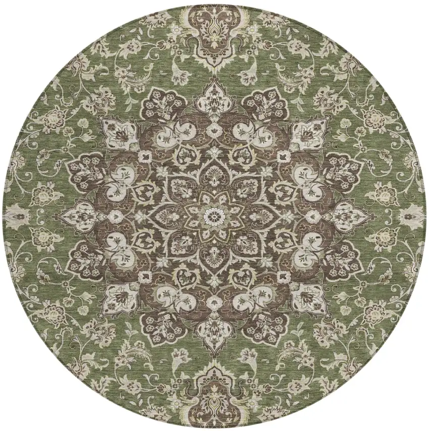 8' Olive Green And Green Round Oriental Washable Indoor Outdoor Area Rug Photo 2