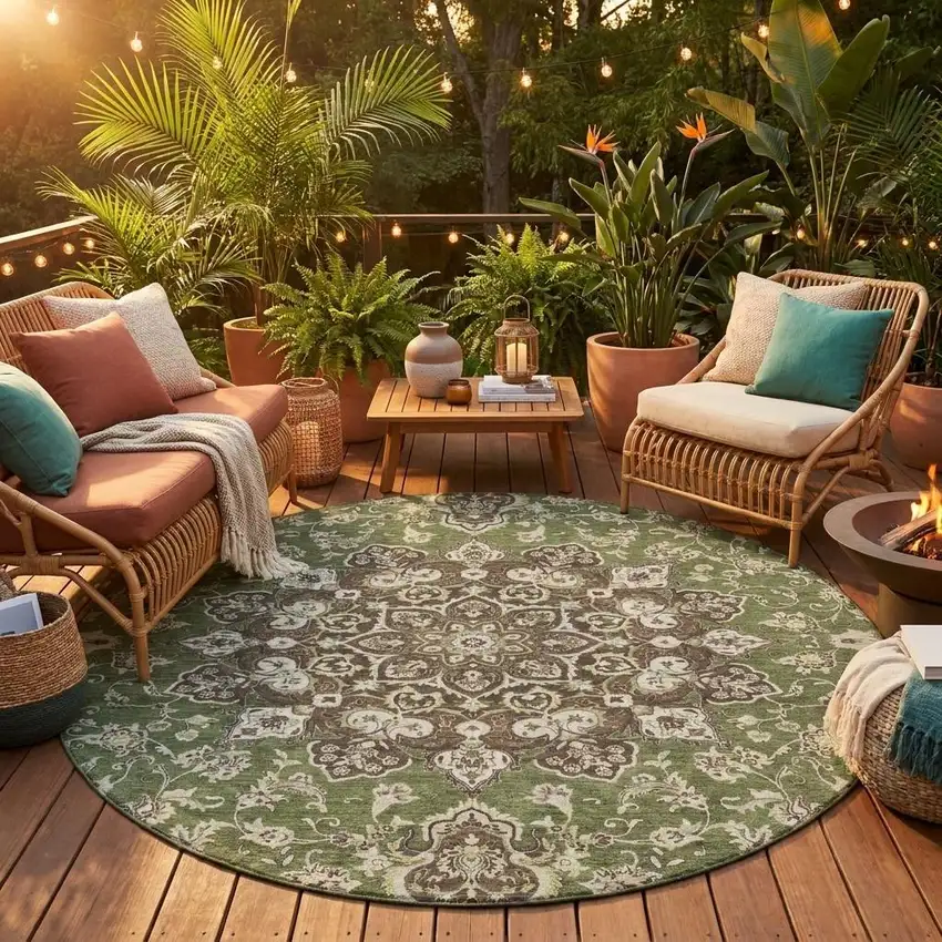 8' Olive Green And Green Round Oriental Washable Indoor Outdoor Area Rug Photo 1