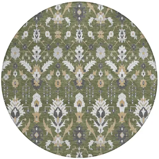 8' Olive Green And Green Round Oriental Washable Indoor Outdoor Area Rug Photo 2