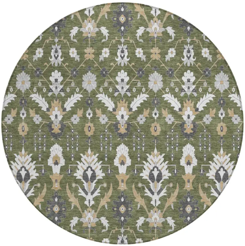 8' Olive Green And Green Round Oriental Washable Indoor Outdoor Area Rug Photo 2