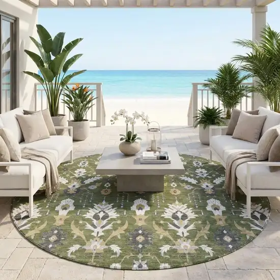 8' Olive Green And Green Round Oriental Washable Indoor Outdoor Area Rug Photo 1