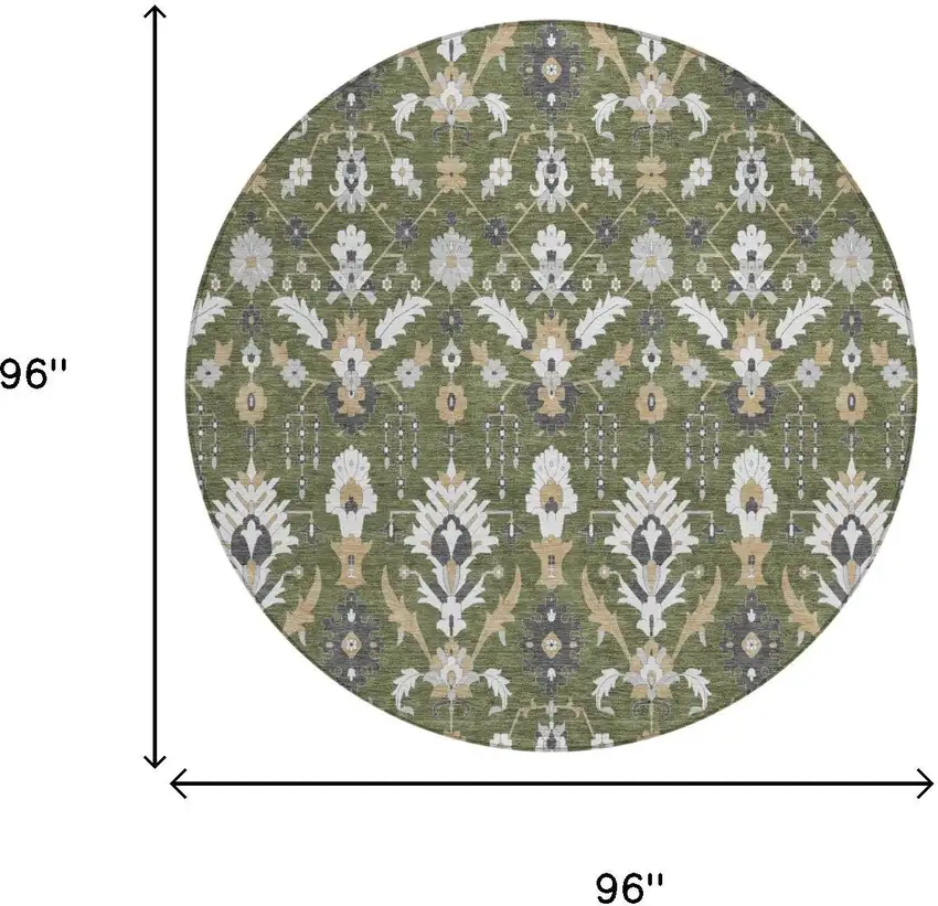 8' Olive Green And Green Round Oriental Washable Indoor Outdoor Area Rug Photo 5