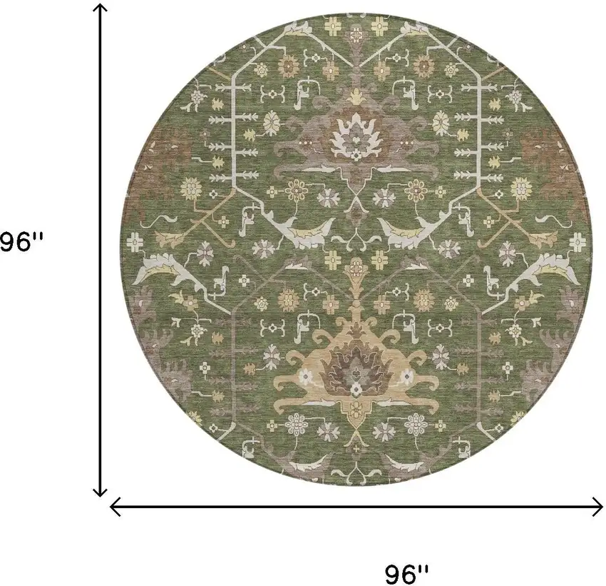 8' Olive Green And Green Round Oriental Washable Indoor Outdoor Area Rug Photo 5