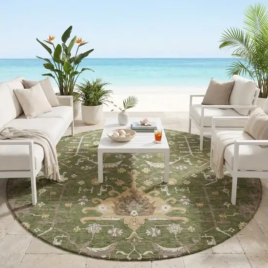 8' Olive Green And Green Round Oriental Washable Indoor Outdoor Area Rug Photo 1