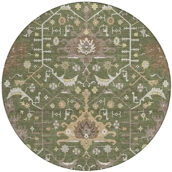 8' Olive Green And Green Round Oriental Washable Indoor Outdoor Area Rug Photo 2