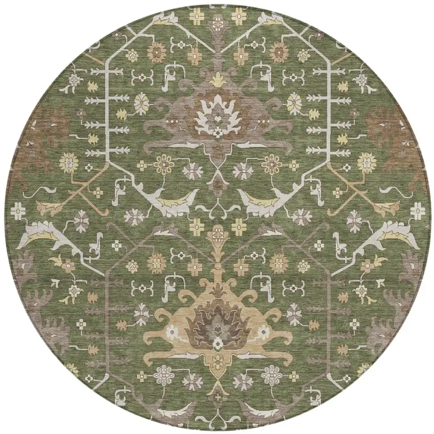 8' Olive Green And Green Round Oriental Washable Indoor Outdoor Area Rug Photo 2