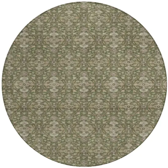 8' Olive Green And Green Round Oriental Washable Indoor Outdoor Area Rug Photo 2