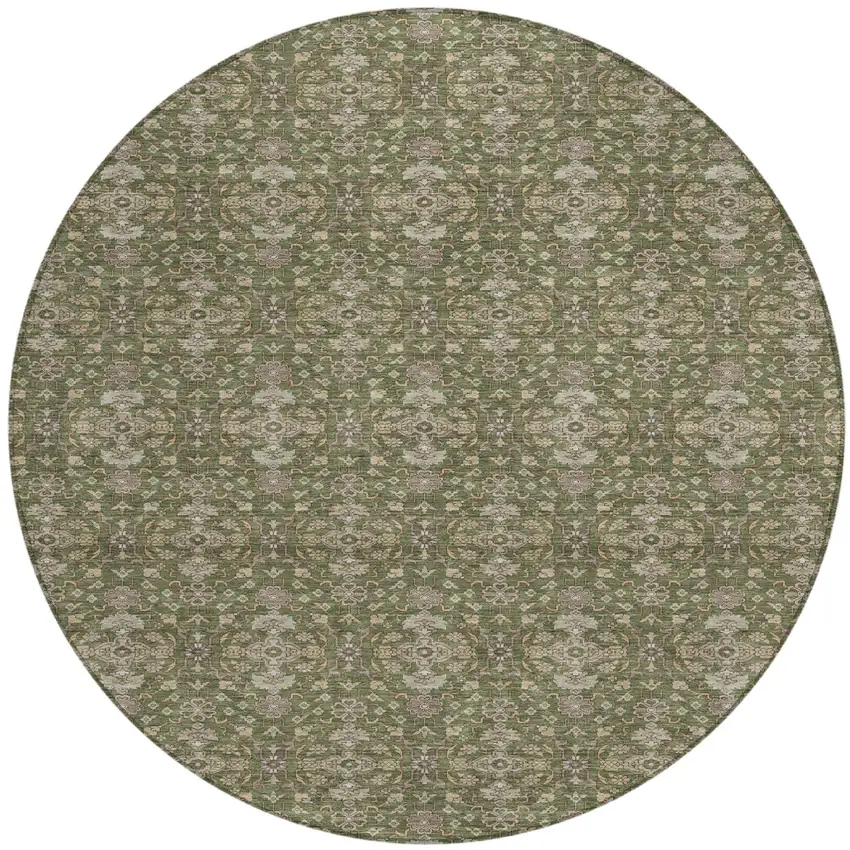 8' Olive Green And Green Round Oriental Washable Indoor Outdoor Area Rug Photo 2