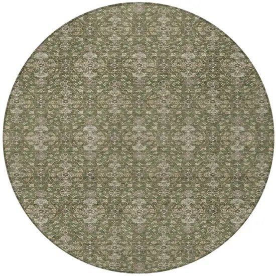 8' Olive Green And Green Round Oriental Washable Indoor Outdoor Area Rug Photo 3