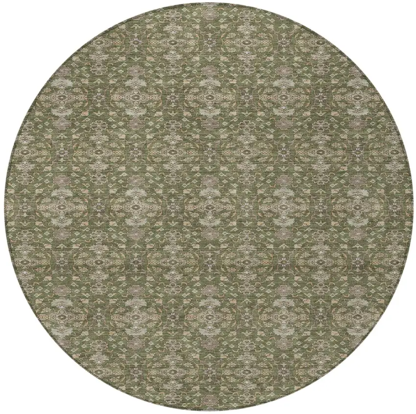 8' Olive Green And Green Round Oriental Washable Indoor Outdoor Area Rug Photo 3