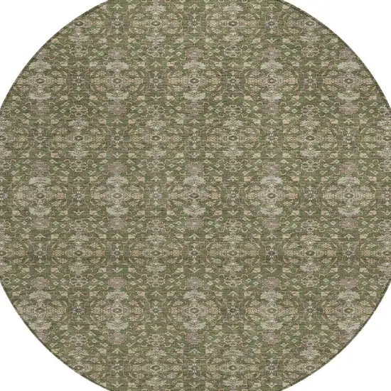 8' Olive Green And Green Round Oriental Washable Indoor Outdoor Area Rug Photo 1