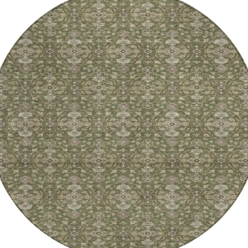 8' Olive Green And Green Round Oriental Washable Indoor Outdoor Area Rug Photo 1